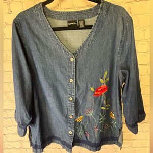 VINTAGE Erika 90s Flower Embroidery Grosgrain Trim Cottagecore Denim Shirt L